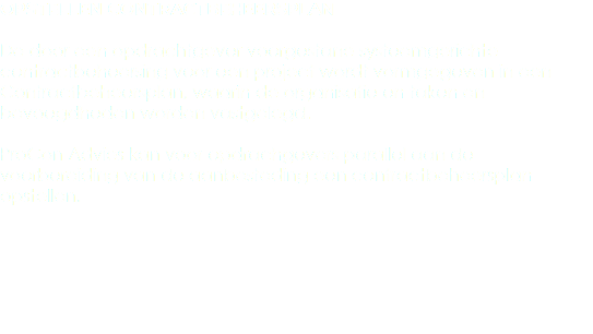 Opstellen contractbeheersplan De door een opdrachtgever voorgestane systeemgerichte contractbeheersing voor een project wordt vormgegeven in een Contractbeheersplan, waarin de organisatie en taken en bevoegdheden worden vastgelegd. ProCon Advies kan voor opdrachgevers parallel aan de voorbereiding van de aanbesteding een contractbeheersplan opstellen.