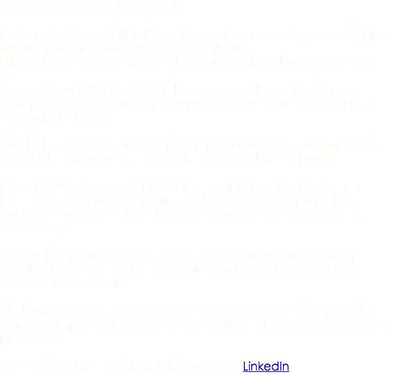 Samen werken aan Werken ProCon Advies gelooft in het belang van een goede samenwerking tussen en opdrachtgever en opdrachtnemer. Dit ook nu de opdrachtgever steeds meer op afstand gaat staan. Respect voor elkaars rollen en het gezamenlijk belang van een voorspoedige realisatie van een project dient voor beide partijen uitgangpunt te zijn. Ook bij het leveren van diensten en producten door ProCon Advies staat het motto van "Samen werken aan werken" centraal. ProCon Advies is opgericht in 2013. De oprichter Henk Lesschen heeft meer dan 15 jaar ervaring op het gebied van project en contractmanagementmet bij projecten in de Grond-, weg- en waterbouw Specifieke ervaring is opgebouwd op het terrein van design en construct, UAV-GC, systeemgerichte contractbeheersing en de toepassing van EMVI. Op basis van deze opgebouwde ervaringen biedt ProCon Advies aan zowel opdrachtgevers als opdrachtnemers diverse diensten en producten. Het CV van Henk Lesschen is te vinden op LinkedIn